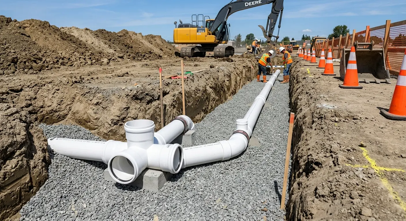 New PVC sewer pipe installation in open trench for Grease Trap Cleaning in Alma